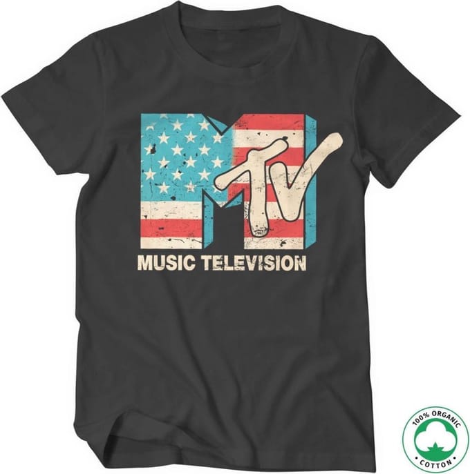 MTV Heren Tshirt -S- Distressed USA Flag Organic Zwart