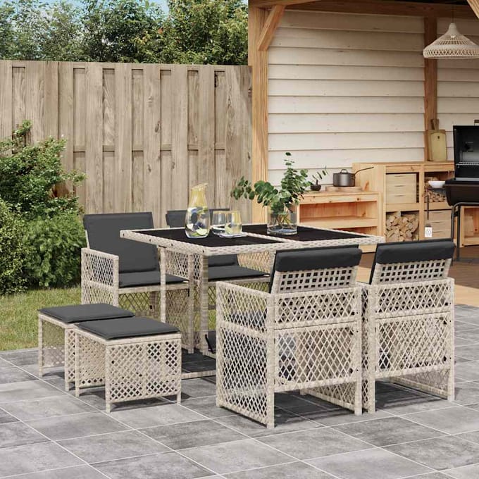 vidaXL - 9-delige - Tuinset - met - kussens - poly - rattan - lichtgrijs