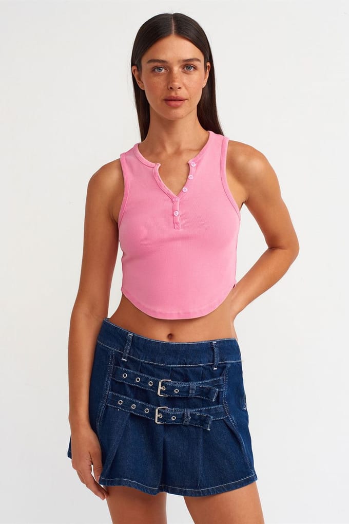 Dames Geribbelde Crop Blouse Met Knopen