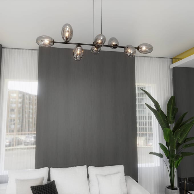 EMIBIG LIGHTING Hanglamp Glassy, grafiet, 140 cm, 8-lamps, ovale glazen kappen