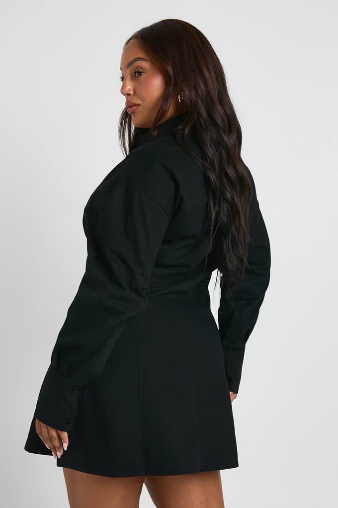 boohoo Dames Plus overhemdjurk met ingesnoorde details | Black | Maat: 16