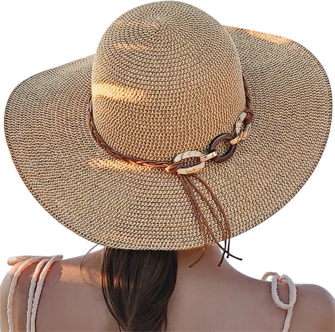 Zonhoed dames met brede rand, strohoed en UV-bescherming. Verstelbare riem voor vakantie.