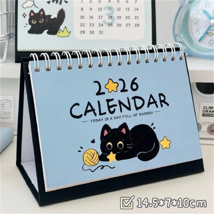 Calendrier de bureau Chaton Boule de Charbon Thème Chat Noir Calendrier de Bureaukawaii Planificateur de Table Avec Adorables Illustrations de Chats bleu