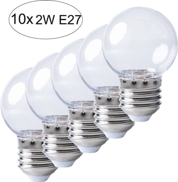 Set 10 transparante Led lampen - 2W - 2700K - Kogellamp