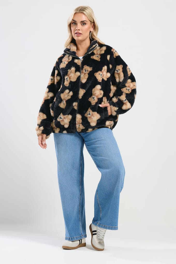 Yours Zwarte Teddyjas Met Imitatiebont Size 46