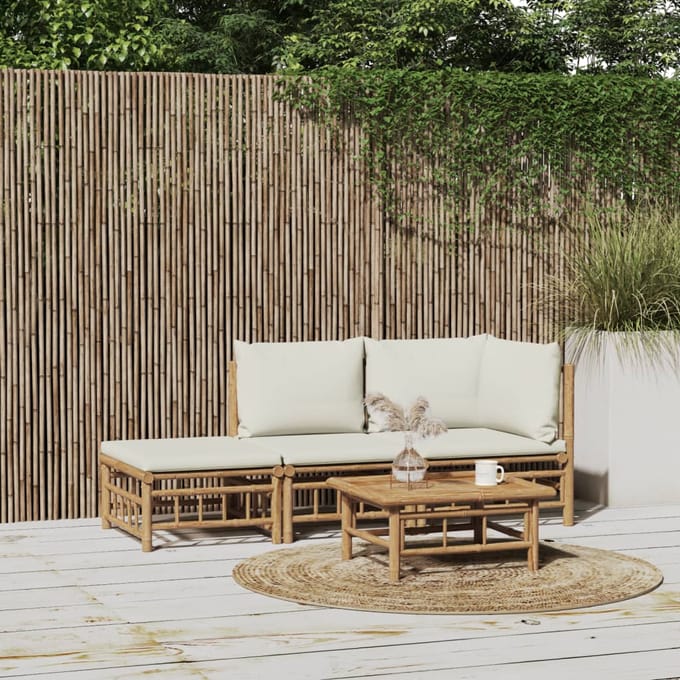 vidaXL - 3-delige - Loungeset - met - kussens - bamboe - crèmewit
