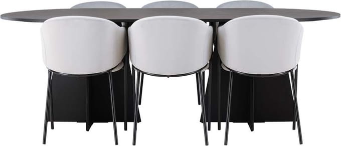 Bootcut eethoek tafel zwart en 6 Evelina stoelen grijs.