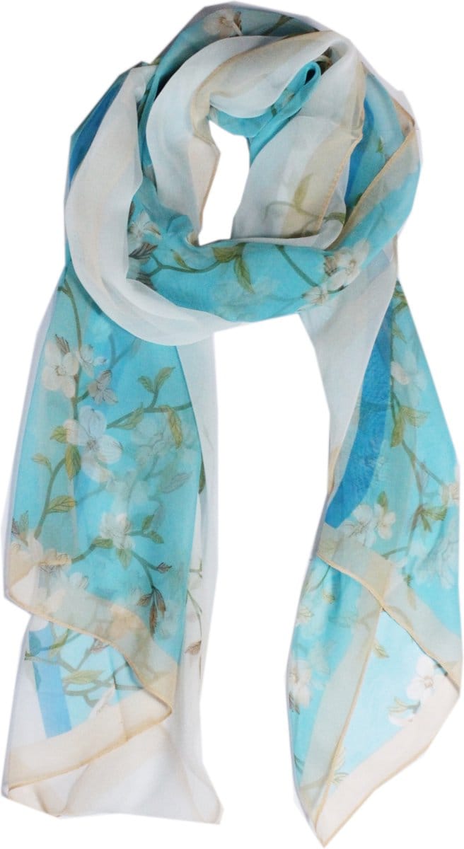Sjaal Dames - Witte Bloemen - Transparant - Lichtblauw