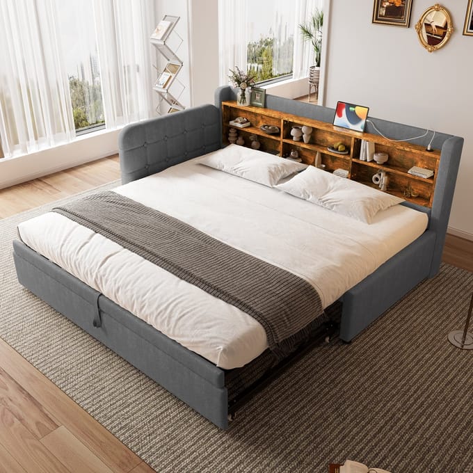 MODFU Bedframe 90x200 cm – linnen grijs – met uitschuifbed, USB/Type-C en opbergvakken – retro daybed