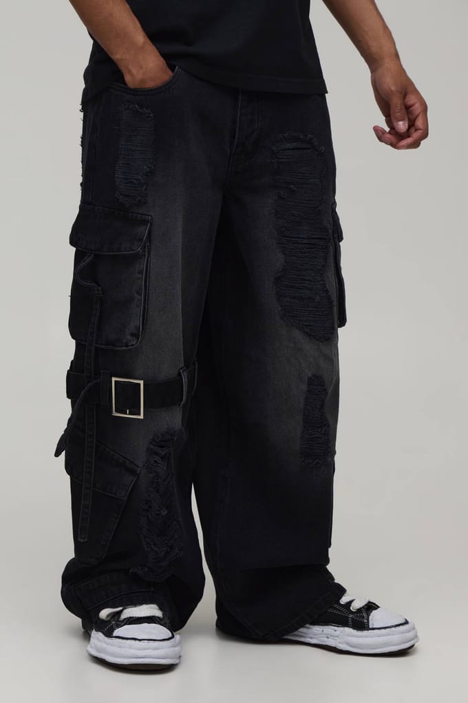 Extreme Gewassen Cargo Band Detail Baggy Jeans | Washed Charcoal | Size 30R