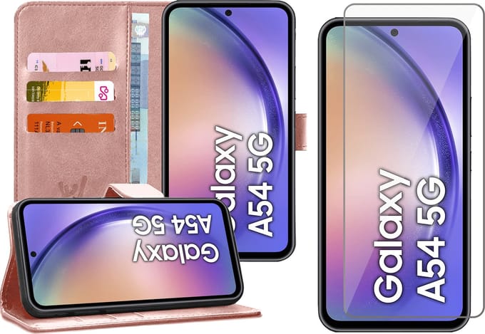 Hoesje geschikt voor Samsung Galaxy A54 - Screen Protector GlassGuard - Book Case Kunstleer Pasjeshouder Roségoud & Screenprotector