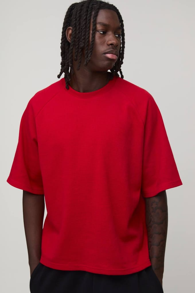 Oversized Boxy Waffle Raglan T-Shirt | Red | Size Medium