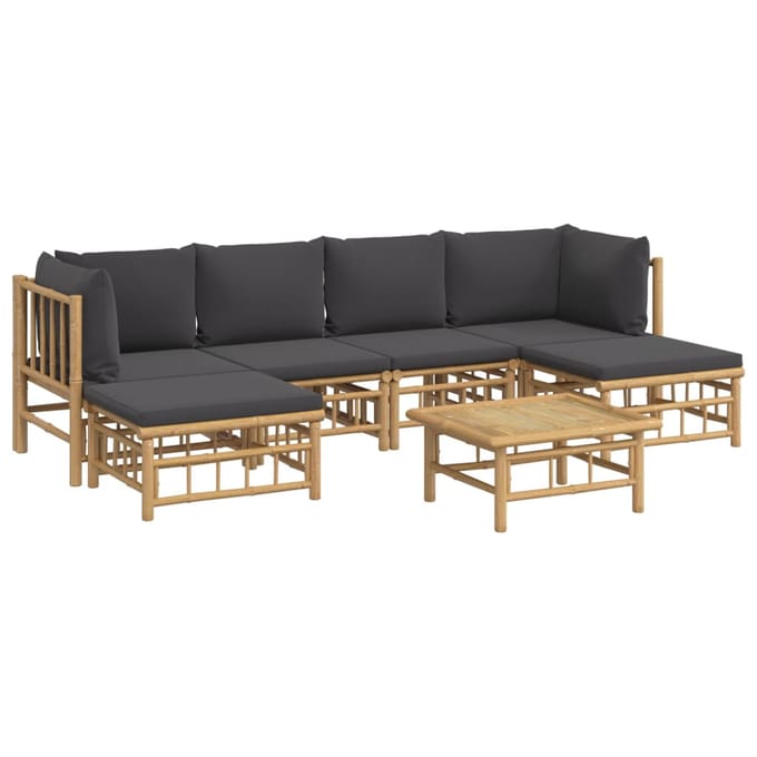 vidaXL - 7-delige - Loungeset - met - kussens - bamboe - donkergrijs
