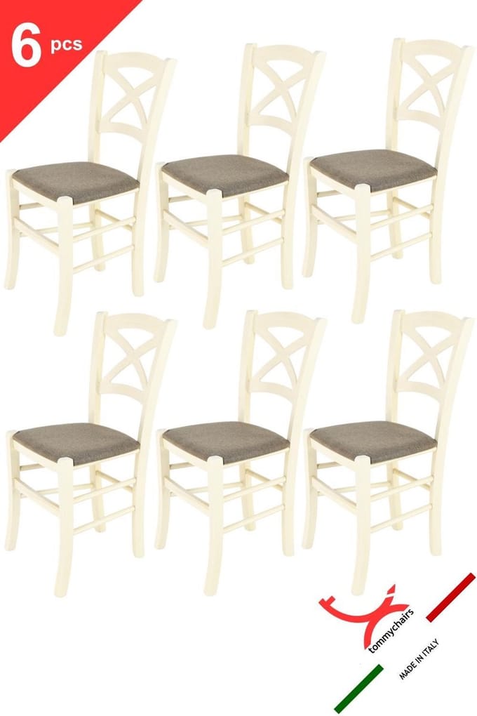 Tommychairs Cross - Eetkamerstoelen - Set van 6 - Wit & Beige - Stof & Hout