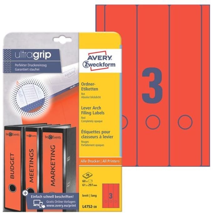 Avery Border Binder Labels, Red 61 x 297mm (20)