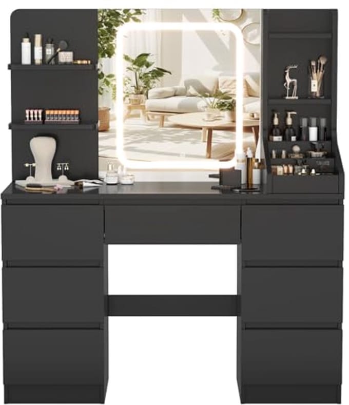 Moderne Kaptafel met LED Spiegel en Verlichting, 4 Planken en 7 Laden