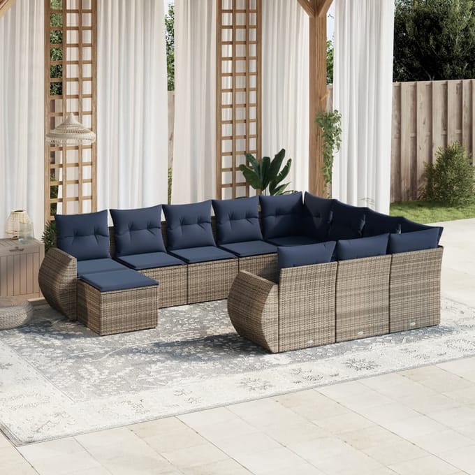 vidaXL - 11-delige - tuinbankset - met - kussens, - grijs - polyrotan