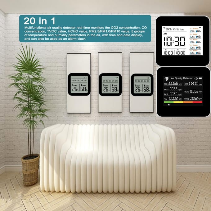 20 in 1 Tuya WIFI Intelligente Luchtkwaliteitsmonitor Binnen CO2-detector with 5 Subunits wit