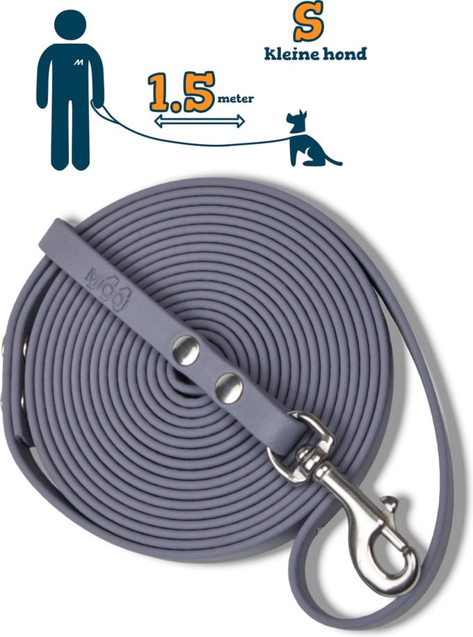 Miqdi hondenriem - BioThane – grijs – 1.5 meter lang – 9mm breed – XS/S – kleine hond