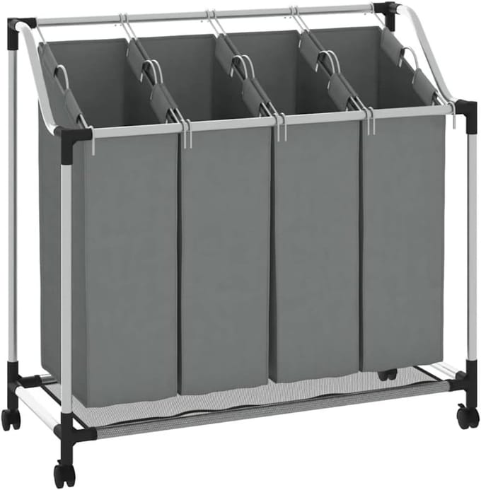 TIM® Wasmand 4 Vakken - Wasmand - Wassorteerder - 20KG - Grijs - 96cm x 40cm x 92cm