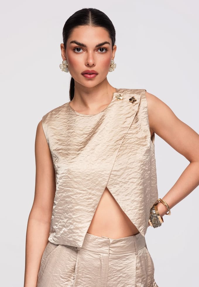 OMBRE Top - Regular Fit - Mouwloos - Knopen Kaki S