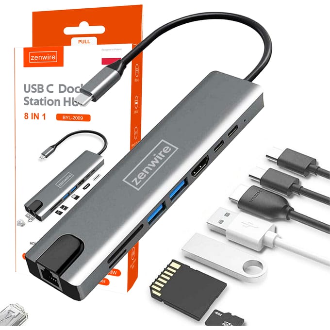 USB-C Hub Adapter 9-in-1 met HDMI, RJ45 Fast Ethernet en SD-kaartlezer voor Macbook Air Pro M1 M2 M3 M4 Zenwire BYL-2009