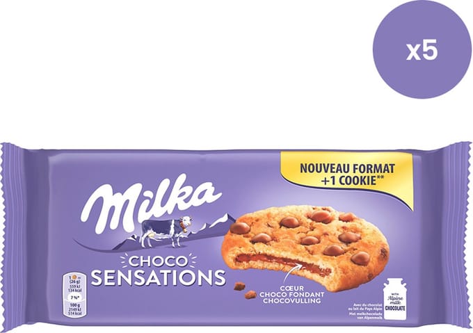 Milka Sensations - chocolate chips cookies met vloeibare melkchocolade - 208g x 5