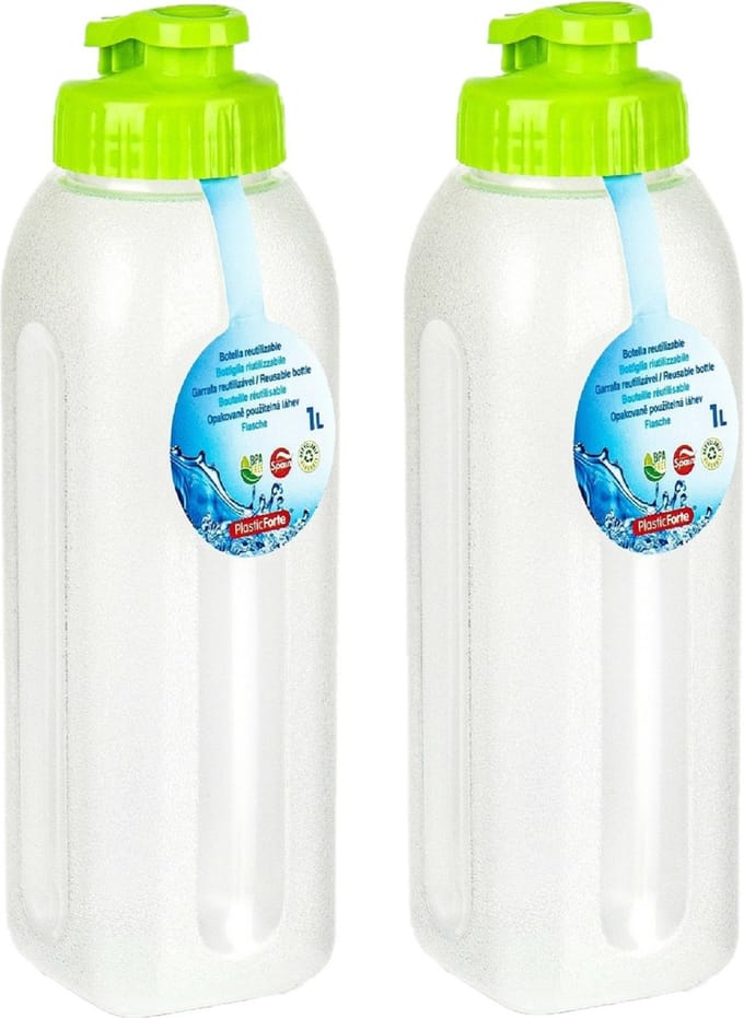 PlasticForte Waterfles/bidon - 2x - 1000 ml - transparant/groen - kunststof