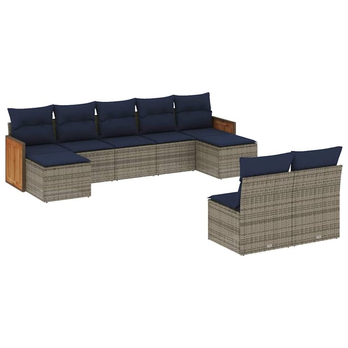 vidaXL - 9-delige - tuinbankset - met - kussens, - grijs - polyrotan