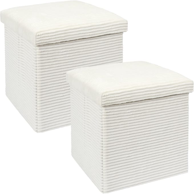 Home Deco Factory Poef/hocker opvouwbaar - 2x - rib design - opbergbox - wit - polyester/mdf - 38 x 38 cm