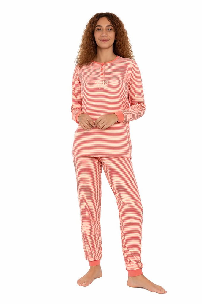 Dames pyjama katoen - peach - stripes - Maat M