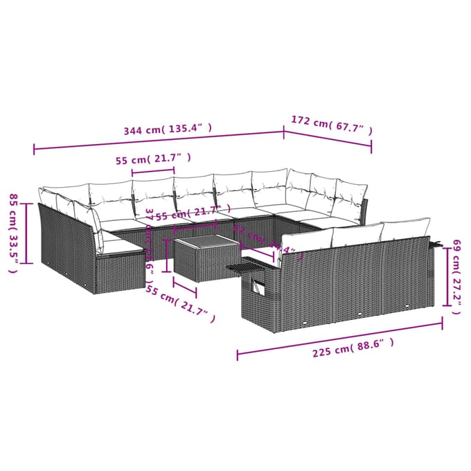vidaXL - 14-delige - Loungeset - met - kussens - poly - rattan - gemengd - beige