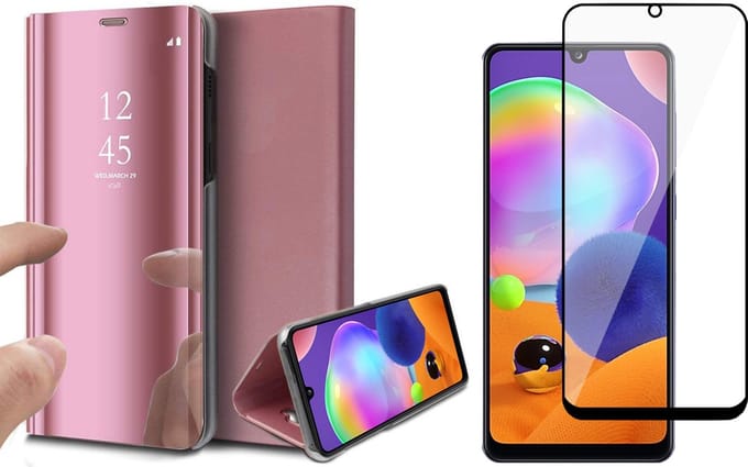 Hoesje geschikt voor Samsung Galaxy A31 - Screen Protector FullGuard - Book Case Spiegel Roségoud & Screenprotector