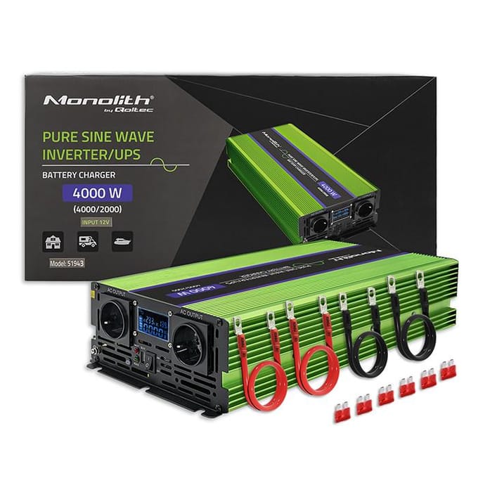 Qoltec Monolith 51943 - DC-AC omvormer/lader/UPS - 12 V naar 230 V - 2000 W - Pure Sine