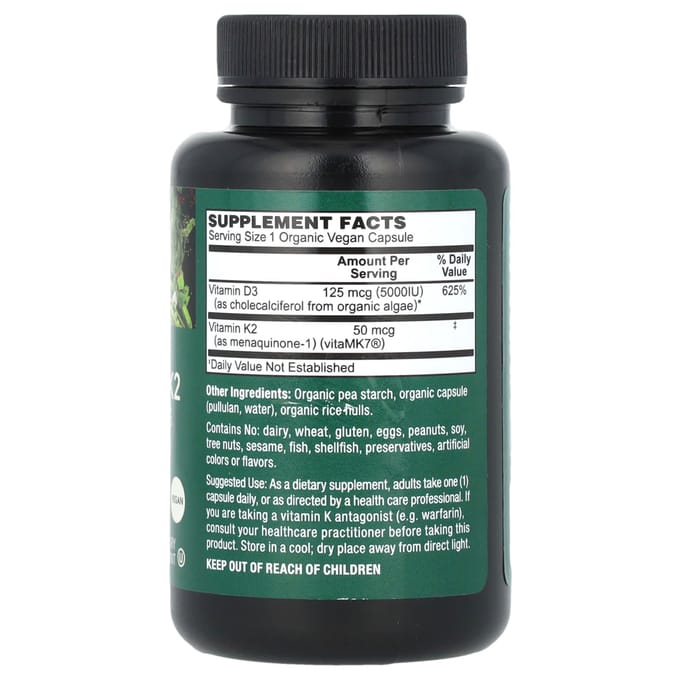 PlantFusion, organic vegan vitamin D3+ K2, 5,000IU/50mcg, 60 organic veggie capsules