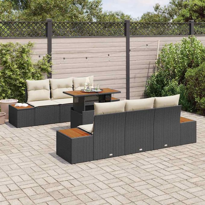 vidaXL Tuin Eettafel Set met kussen 7 pcs Zwart en Beige