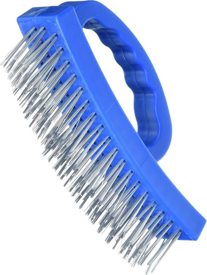 Draadborstel met D-greep, 4-rijig, 25 mm borstels, gebogen voor hoeken, blauw