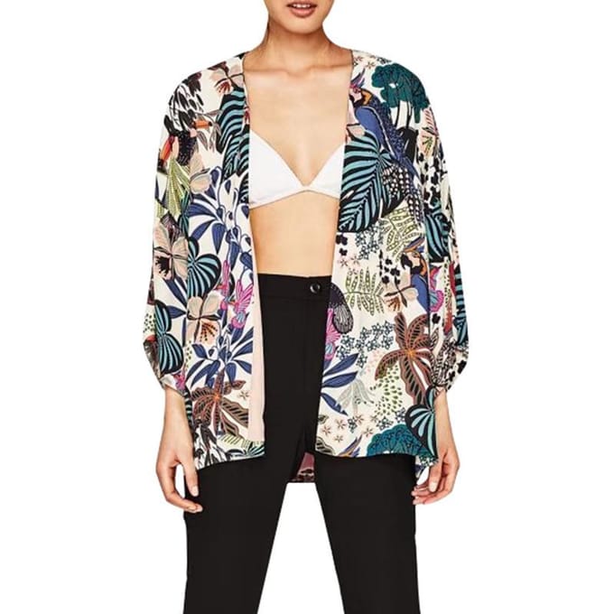 Kimono de plage en mousseline pour femme Motif papillons oiseaux feuilles Ouverture devant Coupe ample Fine Par-dessus de bikini S vert