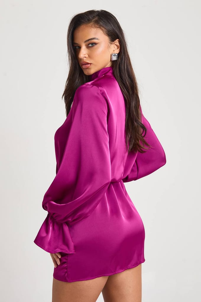 boohoo Dames Satijn Blouson Wikkeljurk | Magenta | Maat: 8