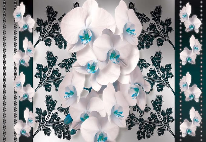 Fotobehang Flowers Floral Orchids Pattern | XL - 208cm x 146cm | 130g/m2 Vlies