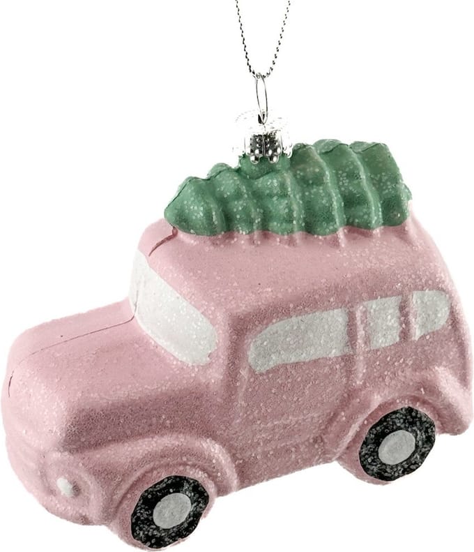 Kerstbal Hanger Auto met boom - Roze