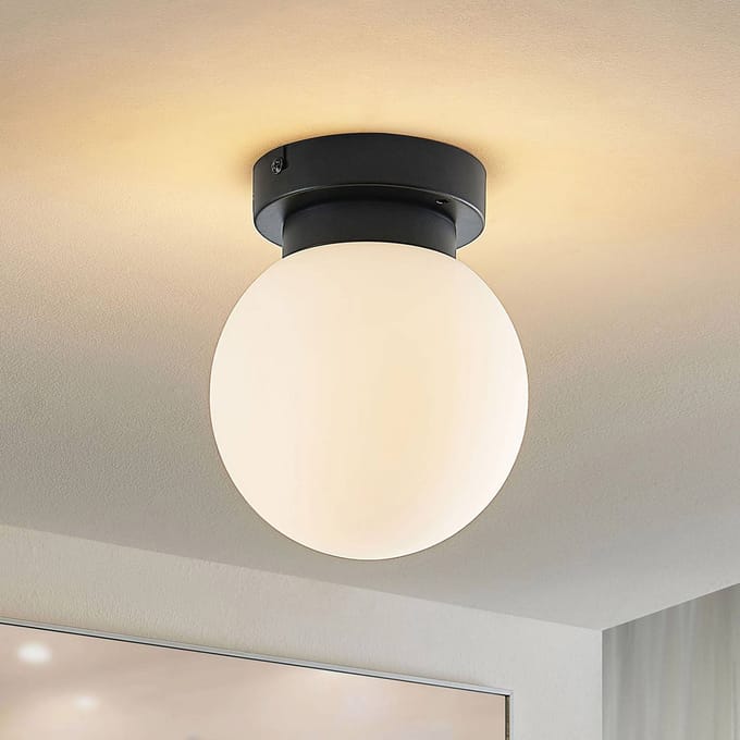 Lindby - Plafondlamp badkamer - 1licht - Staal, glas - H: 18 cm - E14 - zwart mat