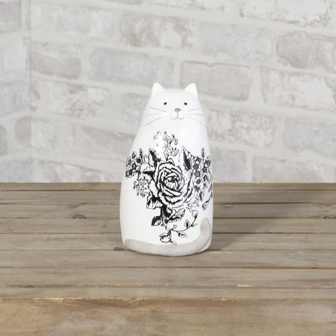 Keramiek Kat Met Opdruk - Zwart/Wit - 10 x 9 x 17.5cm