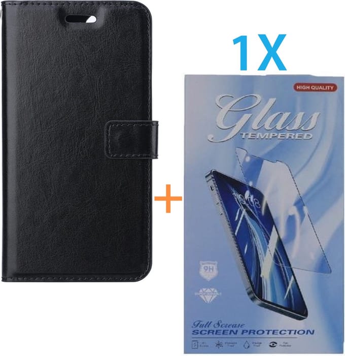 Bookcase Geschikt voor: Apple iPhone 14 Pro Max - Zwart - portemonnee hoesje - + 1X Tempered Glass Screenprotector