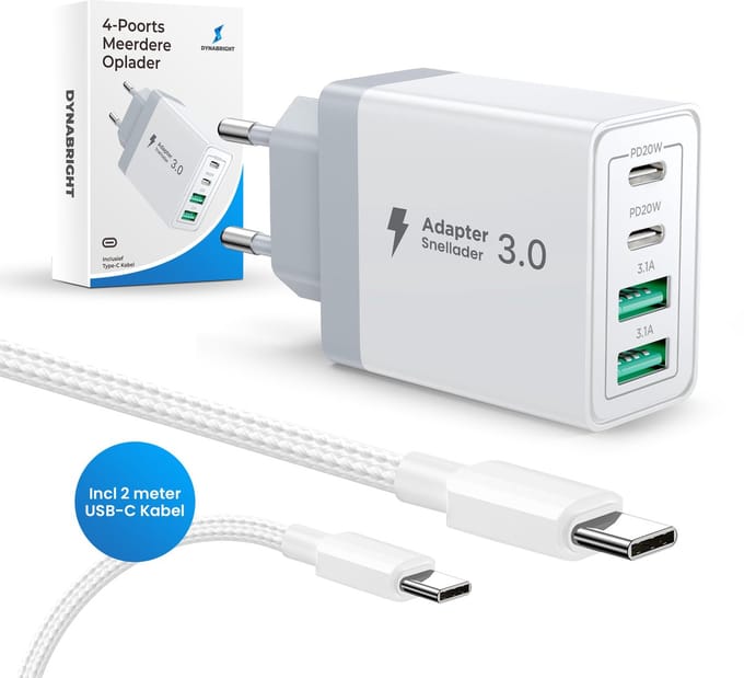 Dynabright Adapter - 40W - USB Snellader - Incl. USB-C kabel - Universeel - 4 poorten - 2x USB-C & 2x USB-A - Oplader - USB Stekker