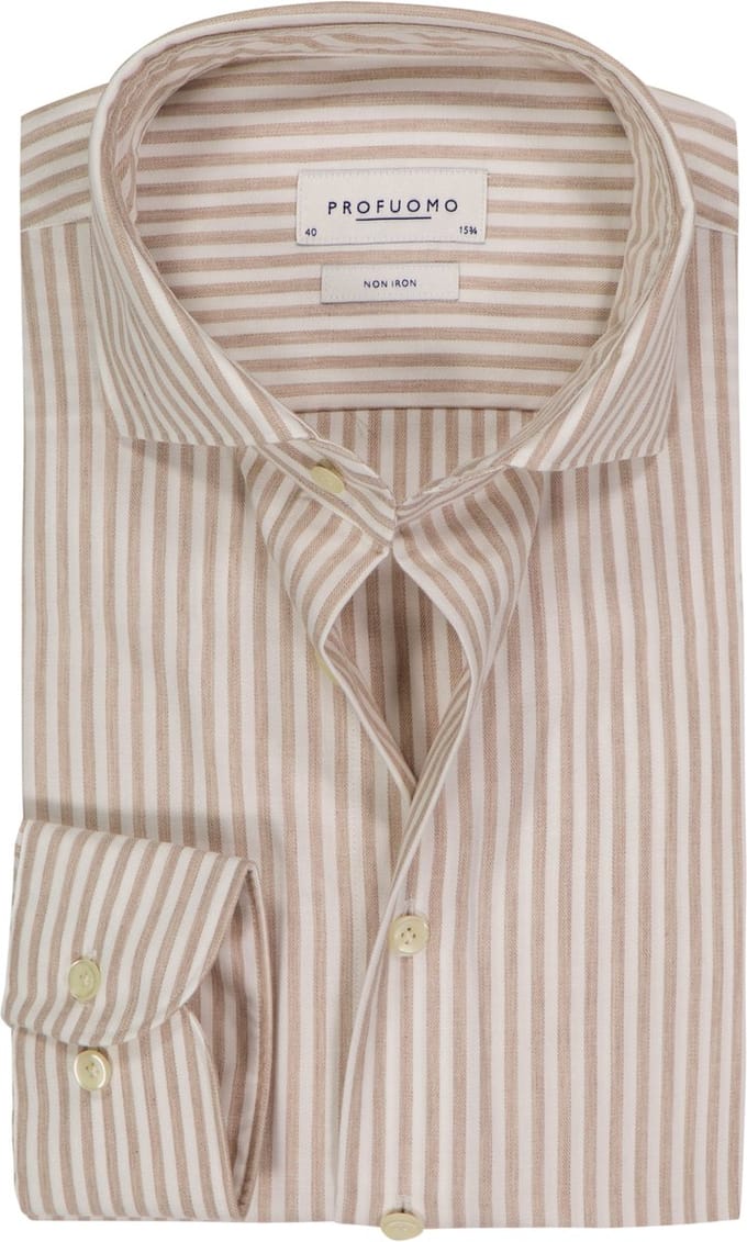 Profuomo slim fit heren overhemd - popeline - beige met wit gestreept - Strijkvriendelijk - Boordmaat: 42