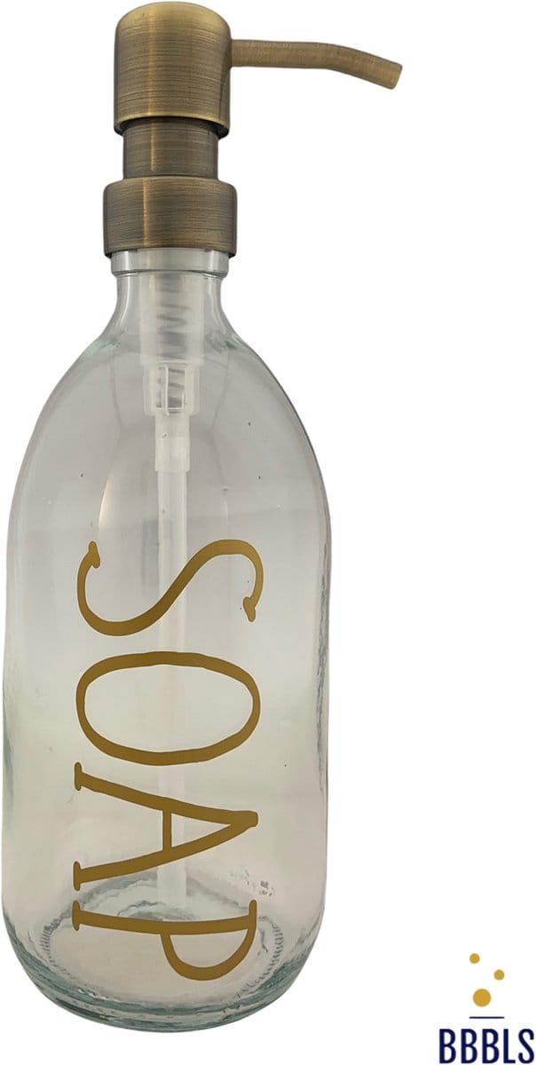 BBBLS® Design Dispenser "Soap" | Transparant Glas | 500ml | RVS / Metaal Pomp Goud | Zeeppomp | Zeepdispenser | Zeephouder