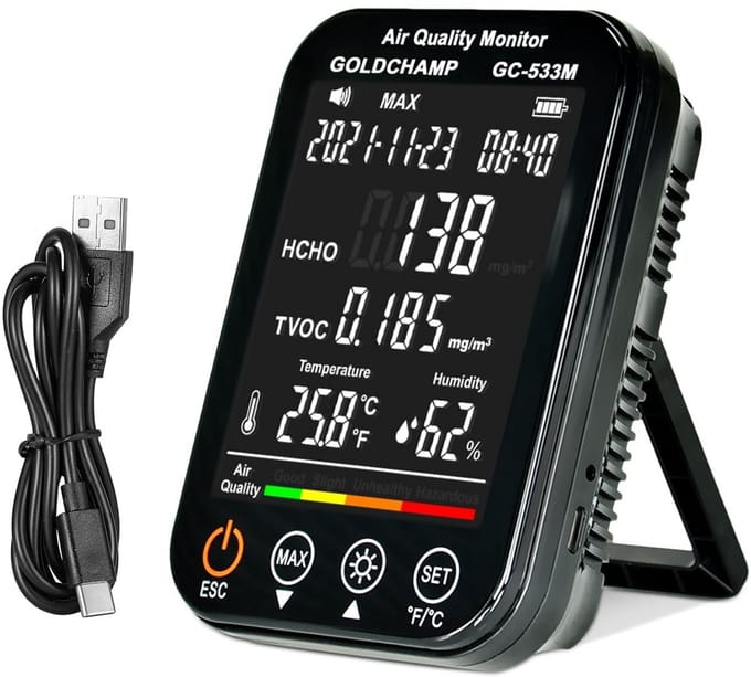 Draagbare Luchtkwaliteitsmeter 4-in-1 Binnen met HCHO, TVOC, Temperatuur en Vochtigheidssensor