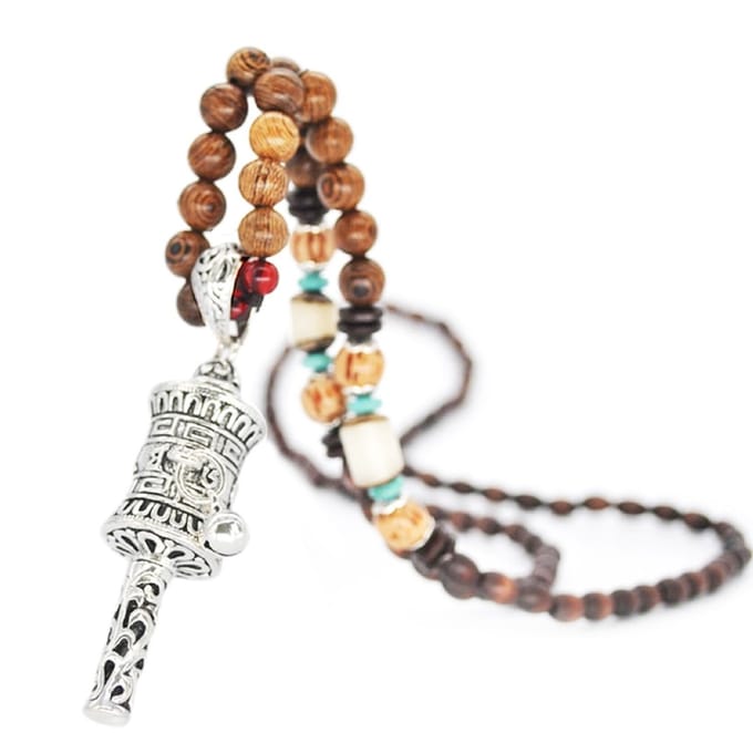 Rhylane - Boho Mala Ketting Met Tibetaanse Hanger – Hout & Steen -Bruin - 80 cm