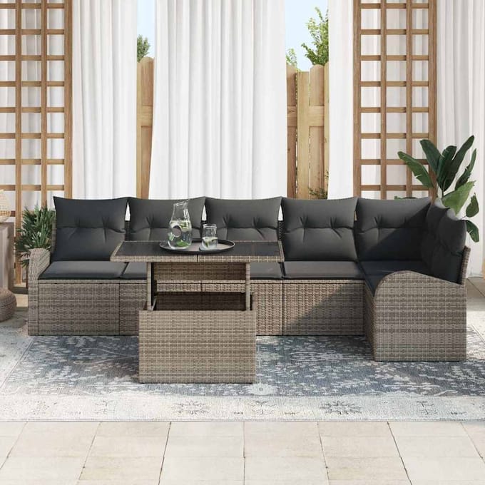 vidaXL Tuinbank Set met kussen 7 pcs Grijs poly rattan